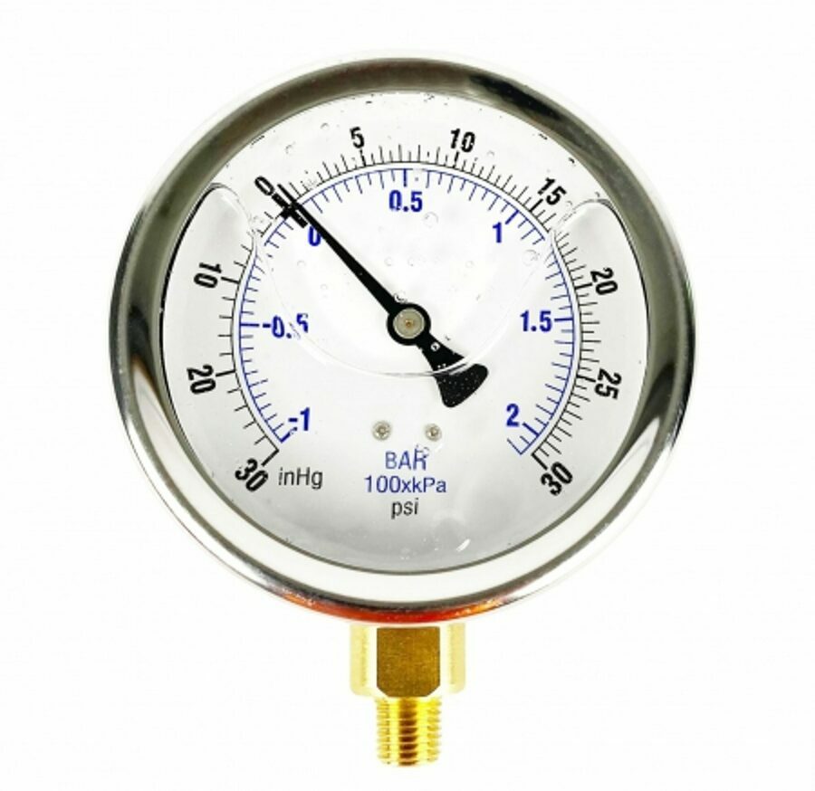 GAUGE 4" LIQUID FILLED BOTTOM MOUNT, -30/+30 PSI, 1/4 NPT 