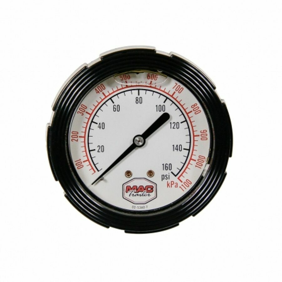 GAUGE 2.5" LIQUID FILLED BACK MOUNT W/ BLACK WEATHER RESISTANT ZYTEL CASE & BEZEL, (63 MM) DIAMETER 0-160 PSI MAC LOGO