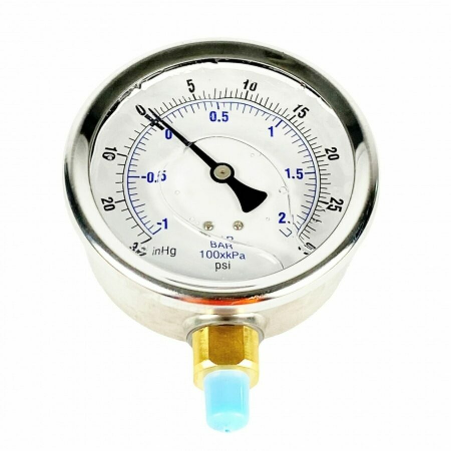 GAUGE 4" LIQUID FILLED BOTTOM MOUNT, -30/+30 PSI, 1/4 NPT 
